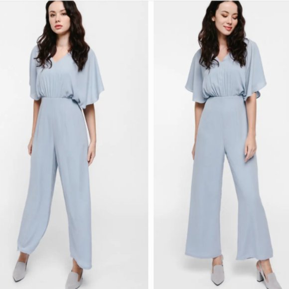 Love Bonito Pants - Love Bonito Flutter Sleeve V Neck Jumpsuit in Dusty Blue